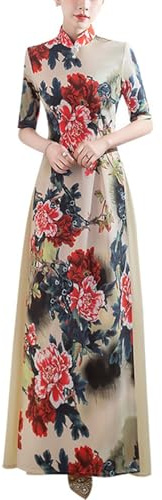 SXTYYH Lång Ao Dai Cheongsam Klänning, Vietnamesisk Klänning Scen Kinesisk Traditionell Klänning Tryck Förbättrad Qipao Klänning(M)