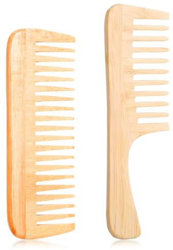 Gjinxi Set di 2 pettini in bambù a denti larghi, set di pettini in bambù naturale, piccole spazzole per capelli grandi, pettine districante per capelli grandi, pettine in legno antistatico a denti