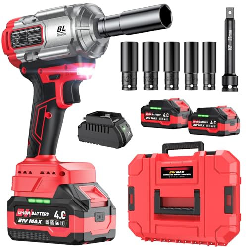 Llave de impacto a bateria 1200 N·m, pistola de impacto bateria, 21V 4.0Ah×2 baterías + cargador rápido, 3 velocidades + luz LED, incluye 5 vasos + barra de extensión + maletín