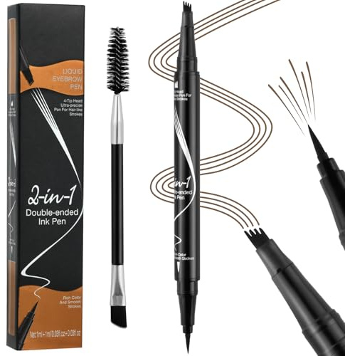 LOPHE Lápiz de Cejas Microblading, 2 en 1 Doble Punta Lapicera de Cejas, Bolígrafo de Cejas con 4 Puntas Microfork, Resistente al Agua, Crea de Cejas y Delineador de Ojos Natural(Marrón Claro)