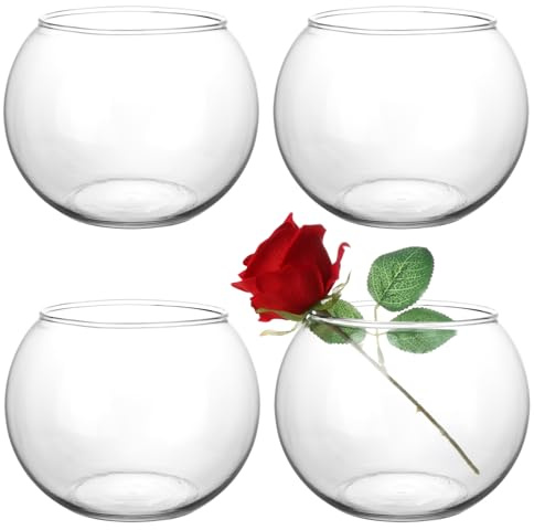 HWASHIN Set of 4 Clear Glass Vases, 6” W x 4.4” H, Round Candle Holders, Bubble Bowl, Flower Vases with Sponge Brush, Decorative Centerpieces for Wedding Home Decor