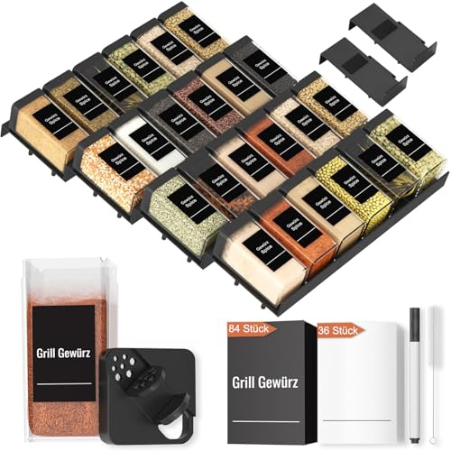Famhap Porta Spezie Cassetto 24 Pezzi con 24 Barattoli Spezie Portaspezie per Cassetti da Cucina, Cassetto Portaspezie Combinabile