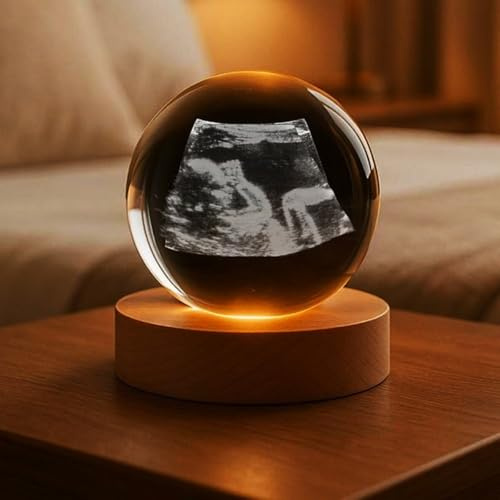SHENGBEIDZ Esfera De Cristal Personalizada Con Ecografía B Y Base Con Luz LED, Foto En Cristal 3D, Luz Nocturna Personalizada Con Foto De Ecografía for Anunciar El Embarazo(6cmseven Color Light)