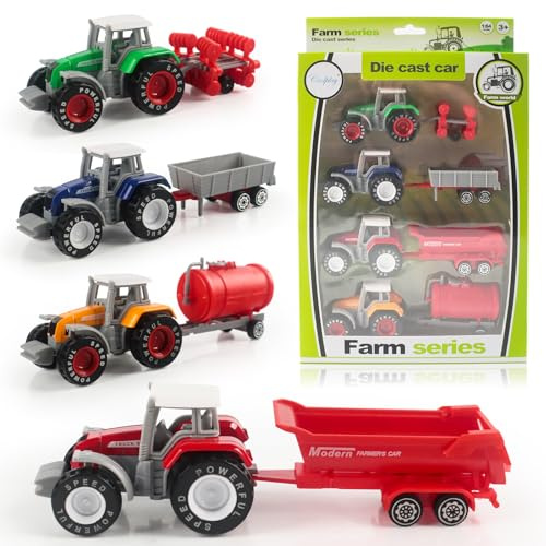 Aurihxus Kit Tracteur avec Remorque, 4 Pièces Jouets tracteurs Voiture, Jouets Voiture Miniature de Ferme pour Enfants