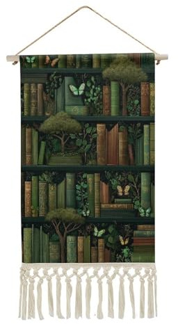 Jubonexis Arazzo da parete in lino, libreria magica verde e marrone, poster vintage da parete con nappe e asta in legno