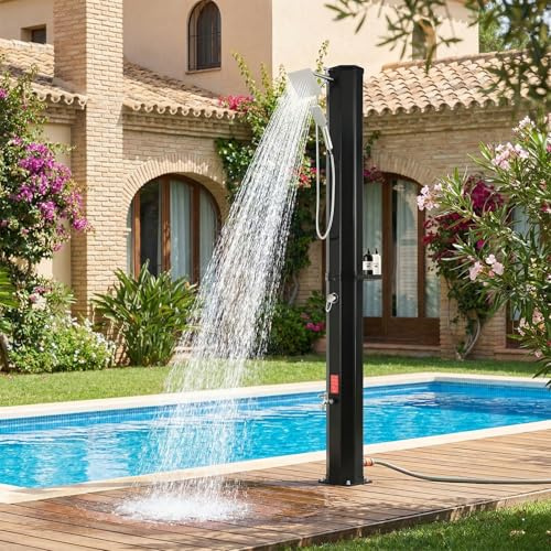 Solardusche, Solar Gartendusche 40 Liter inkl. Handbrause, 360° Duschkopf, Fußdusche, Gartenschlauch-Anschluss & Schutzhaube, 4PCS Bodennägel, bis 60°C, ohne Stromanschluss, für Camping oder am Pool