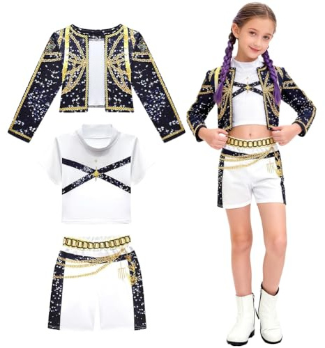 JJZENKD Demon Hunters Costume de Cosplay d'Anime avec gilet, veste, shorts/jupes, déguisement de Koreanpop pour fille, costume d'enfant de star de pop Demon pour anniversaire, carnaval