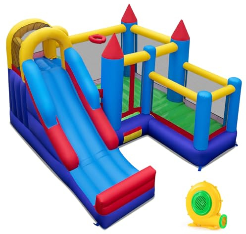 COSTWAY Castello Gonfiabile per Bambini, Grande Casa Gonfiabile con Salto e Scivolo, Parete Arrampicata e Canestro Basket, Soffiatore 680W, 3-12 Anni, Adatto per Esterno e Interno