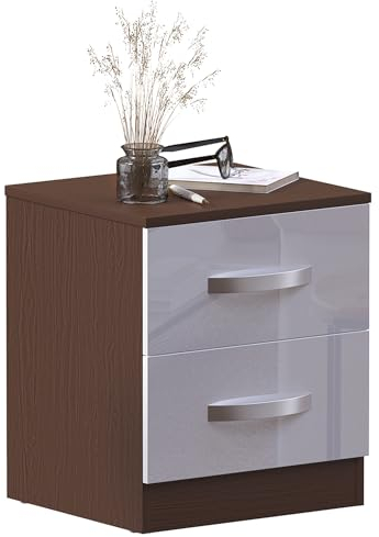 Marca Amazon - Movian Mesita de Noche de Alto Brillo, Color Blanco y Nogal, 2 Asas y guías de Metal, Soporte único para cajón antiarqueado, Mueble de Dormitorio, 47 x 40 x 36 cm