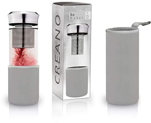 Creano Infusiera di Tè Teamaker 400ml Bottiglia di Vetro con Colino per Tè Sciolto Borsa Neoprene Grigio Teiera Termica Portatile Tè To Go Regalo Perfetto