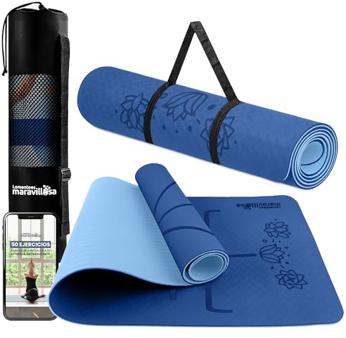 LA MENTE ES MARAVILLOSA - Tappetino Yoga e Pilates Antiscivolo in TPE, 183x61 cm, Spessore 6 mm, con Custodia, Tracolla ed E-Book, per Allenamento, Stretching e Meditazione (Fiori, Blu Scuro/Chiaro)