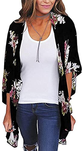 Rétro Élégant Gilet Plage Kimono Femme Veste Cardigan en Mousseline d'été Floral Lâche Demi-Manches de Mode Blouse Châle Sexy Bikini Beachwear Kimono Cardigan Femme Été Mousseline