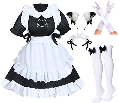 Wannsee Anime French Cat Maid Apron Fancy Dress Cosplay Costume Headwear Gloves Socks Set(Plus Size Black 5XL)