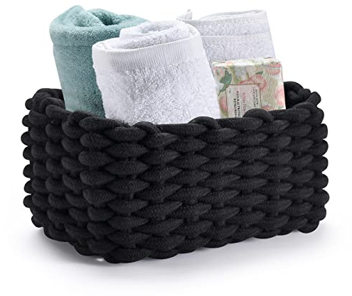 QSIDE Aufbewahrungskorb Baumwolle - 25x17x13 cm - Schwarz - Badezimmer Organizer - Für Wickelauflage - Körbchen für Kallax Einsatz - Klopapier Aufbewahrung - Aufbewahrungskorb geflochten - Flechtkorb