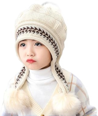XYX Girls Winter Warm Elastic Soft Ear Protection Knitted Sherpa Ski Hats Fleece Lined Peruvian Cover Ears Beanie Hat