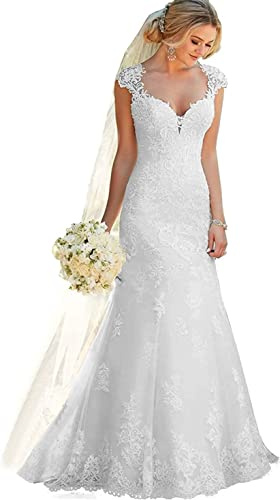 WZEFEIO Vestido de Novia Flores de Encaje Vestido de Novia de Moda, Blanco, 42