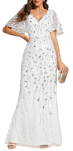 Ever-Pretty Vestido de Fiesta Manga Volante Sirena Largo Elegant Lentejuelas Escote en V para Mujer Blanco 36