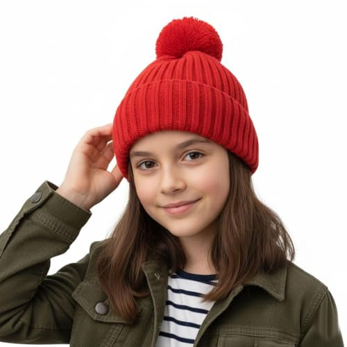 A2Z 4 Kids Girls Boys Hats Ribbed Knitted Bobble Pom Pom Beanie - Hat KH1026 Red 3-6