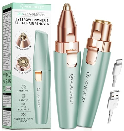 VG VOGCREST Eyebrow Facial Trimmer: 2 in1 Rechargeable Facial Hair Removal and Eyebrow Shaver - Face Lips Body Painless Facial Razor with Built-in LED Light (Pastel Green)