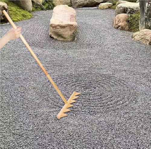 Rastrillo de jardín zen de tamaño completo mejorado, rastrillo zen de madera natural japonés grande de 48 mejorado para exteriores, rastrillo de madera resistente para rocas de jardín y patrones de