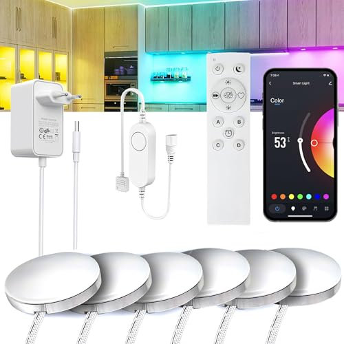 YSRSAI WiFi RGB unterbauleuchte küche led 6 PCS Aluminium Runde Kit für Alexa, Google Assistent, App mit 2.4G RF fernbedienung Musik Sync LED Licht mit Timmer Dimmable Schrankbeleuchtung led