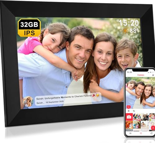 Frameo 32Go Cadre Photo Numérique WiFi 10,1 Pouces, Écran Tactile HD 1280x800 IPS pour Partager Photos et Vidéos, Support Multilingue, Rotation Automatique, Montage Mural (Noir)