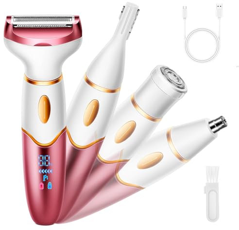 4-in-1 Multifunctional Electric Shaver for Women, Waterproof Rechargeable Bikini Trimmer Lady Shavers for Women Portable Wet & Dry Cordless Electric Razor for Body, Eyebrow,Armpits,Nose and Face
