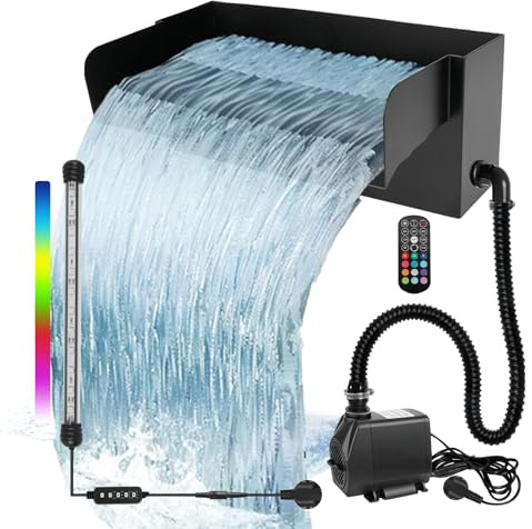 Pond Waterfall Spillway for Garden Ponds, 30cm Stainless Steel Overflow Pool Pond Fountain Kit with 45W 3000L/H Pump for Pond, Pool, Garden, Patio Decoration
