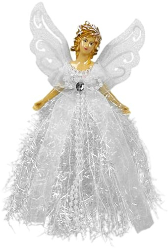 Julängel trädprydnad, vacker ängel träddekoration med vinge och klänning, 25 cm stående julgran för hem högtid fest dekor jul