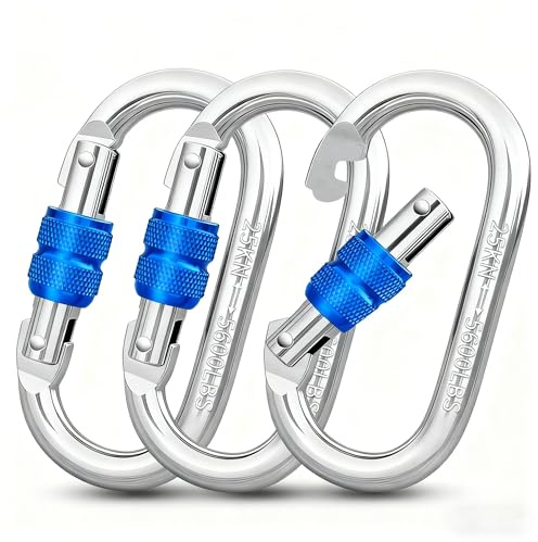 Vipuikos 3 Stück Karabinerhaken Groß, Schwerlast Karabiner 25KN, O-förmiger Sicherheitskarabiner aus Edelstahl, 2500kg Belastbarkeit, Silber + Blau, für Hängematten, Camping, Schaukel, Klettern