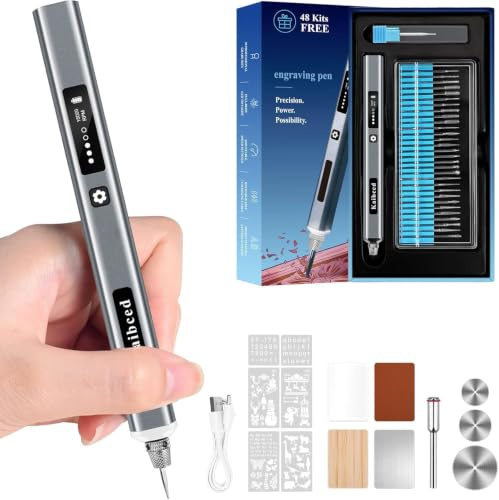 Kaibced Cordless Engraving Pen with 48 Kits & LED Screen, 5-Speed Engraver Pen for Metal, Wood, Glass, Plastic & All Materials, USB Rechargeable Craft Gift for Teens, Adults and Beginners (Silver)