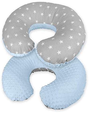 Babymam Nursing Pillow Dimple Breast and Bottle Feeding Cushion Baby/Newborn Washable Removable Cotton Cover Maternity Pregnancy Gifts (Blue/White Stars on Grey) 1pc