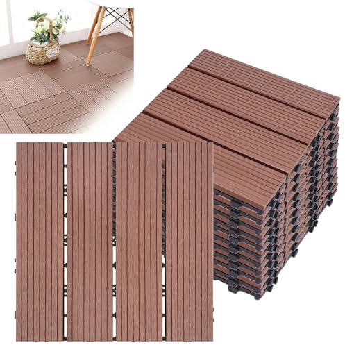Froadp WPC Revêtement de sol Extérieur, 30x30cm Dalles de Terrasse Set, Carreaux de Jardin Imperméable avec Système de Drainage, Carrelage Clipsable Antidérapants pour Balcon(1m², Marron)