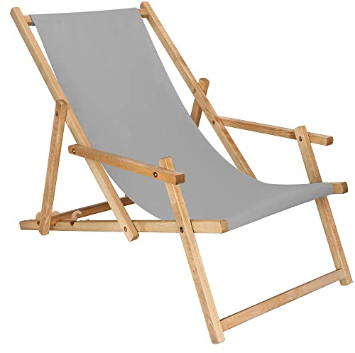 SPRINGOS Holz-Liegestuhl m. Armlehnen 3 Stufen Klappbare Gartenliege für Balkon Garten imprägniertes Gestell (Grau)