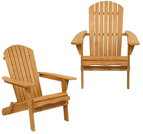 Bonnlo Wood Adirondack Chair Ergonomic Design (2pk), Folding Outdoor Patio Lounger Armchair Furniture w/Natural Finish, for Beach, Poolside, Balcony (Set of 2)