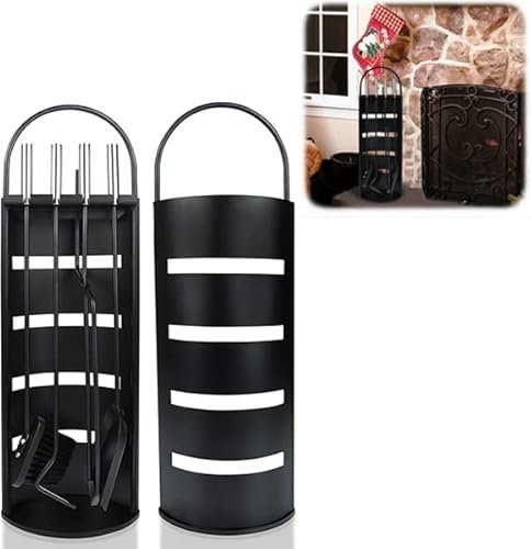 YUENFONG Set Camino 5 Pezzi con Porta Attrezzi, Accessori da Camino, Acciaio Inox, Paletta, scopa, Pinza, Attizzatoio, Contenitore per Cucina Casa (Tipo A, nero)