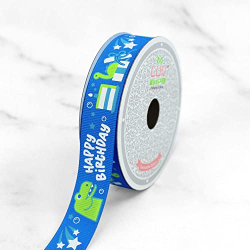 LUV Ribbons Grosgrain 7/8 Inch Happy Birthday Dinosaur Ribbon, 10 Yards, Blue, Great for Kids Birthday, Party Decorations, Craft Projects, DIY, Gift Wrapping and Much More.