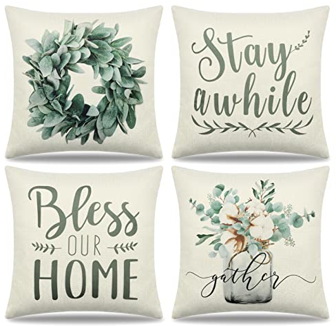 Dremisland 4er Set Outdoor Kissenbezüge 40x40 Grün Kissenbezug Eukalyptus Kranz Vase Zierkissen Leinen Couchkissen Sommer Dekokissen Kissen Outdoor Deko Für Sofakissen Cafe Garten Haus