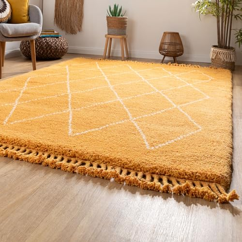 Steffensmeier Berber Teppich Beni | Schurwolle, Gelb, Größe: 140x200 cm, Original aus Marokko, Teppich für Wohnzimmer, Schlafzimmer