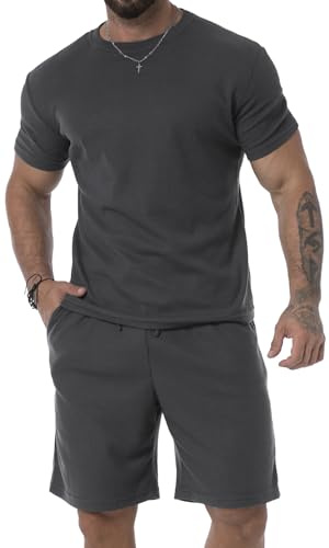 KUYIGO Traje de verano para hombre, pantalones cortos y camisa, traje casual de 2 piezas, transpirable, holgado, gris oscuro, L