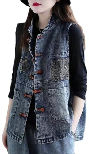 ZISTRCBAO Veste Sans Manches En Jean Pour Femmes - Gilet En Jean À Boucle À Disque De Style Ethnique Rétro De Grande Taille, Gilet En Jean Décontracté Pour Femmes De Printemps Et D'Été,Bleu,3Xl