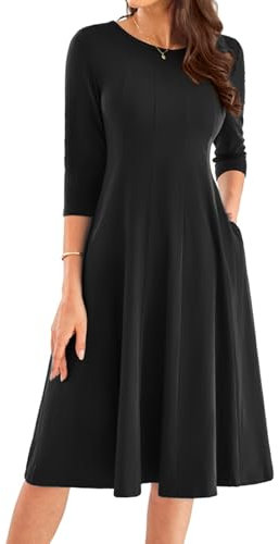 Kleid Damen Herbst Langarm Swing Kleid Damen Rundhalsausschnitt Casual Midikleid M Schwarz -1