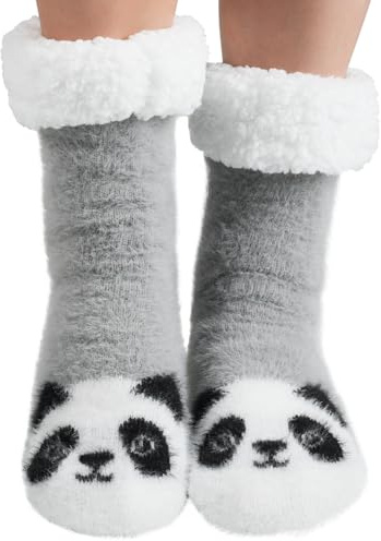 Chausson Chaussette Chaudes Femme, Antidérapantes à Motif Animal d'hiver Chaussettes Polaire Épaisses Pantoufles Fille (FR/ES, Numérique, 39, 42, Taille normale, Taille normale, Série Panda)