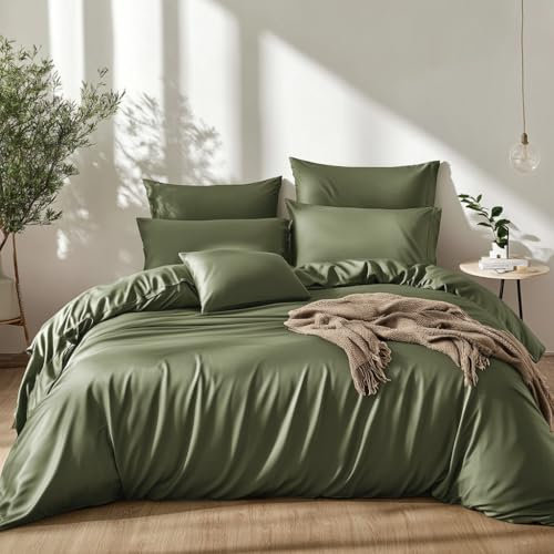 Lanqinglv Bettwäsche 135x200 cm aus 100% Bambus Lyocell,Grün Mako Satin Bettwäsche Set Kühlende mit Reißverschluss,Oeko-TEX Zertifiziert,Luxus Glatt Bettbezug 135x200 und 1 Kissenbezug 80x80