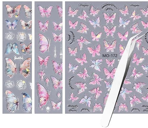 Bkemkri 3 Hojas Pegatinas para Uñas Mariposas Relieve Aurora Rosa 5D Autoadesiva Nail Art Stickers Decoración Accesorios Diseño de Arte DIY (con Pinzas)