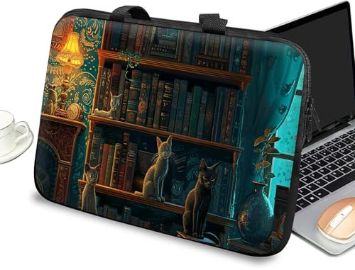 Custodia universale per computer portatile da 10, con manico e cerniera, borsa messenger per tablet da 7-10 pollici, per iPad/Notebook/eBook/Lettori, Biblioteca di gatti