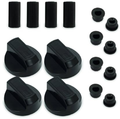 G GRIMALDI Kit 4 Manopola Universale per Piano Cottura Cucina a Gas Nero Bianco Argento Innesto 6mm 5mm, Manopole Cucina Moderna compreso Set Adattatori Asse Raso Asse Alto (4, Nero)