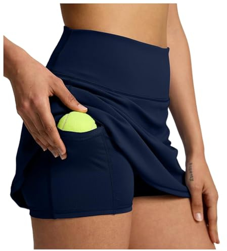 2025 - Jupe de tennis pour femme avec plis double couche pour femme, jupe taille haute avec short, poches, entraînement, jupe sportive pour l'été, jupe de sport décontractée, bleu foncé, M