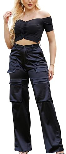 XNMHL 2000s Pants for Women Tall Metallic Long Fashion Pleather Faux Leather Dressy Silk Clothes Going Out (Black, L)
