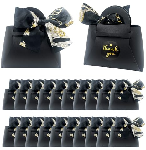 DUGYIRS 20 Pezzi Borse Regalo in Pelle PU con Nastro di Raso,Scatole Regalo Riutilizzabili per matrimoni,Compleanni,Baby shower,Caramelle (Nero)